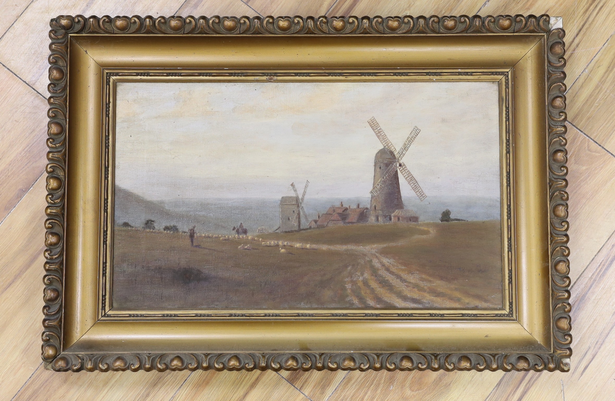 English School c.1900, oil on canvas, 'Downland windmills', 30 x 50cm